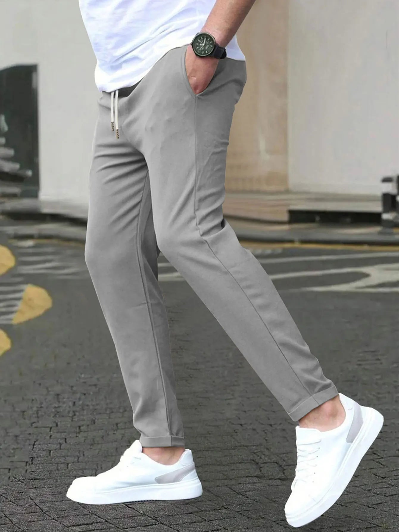 Men's Solid Color Drawstring Waist Casual Pants Regular Fit Comfy Trousers with Pockets for Spring And Fall