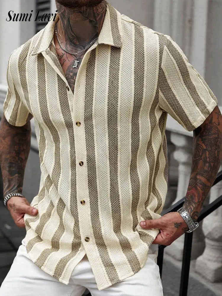 Vacation Casual Mens Knitted Shirts Short Sleeve Button-up Lapel Knit Shirt 2026 Spring Summer Stylish Patchwork Striped Shirts