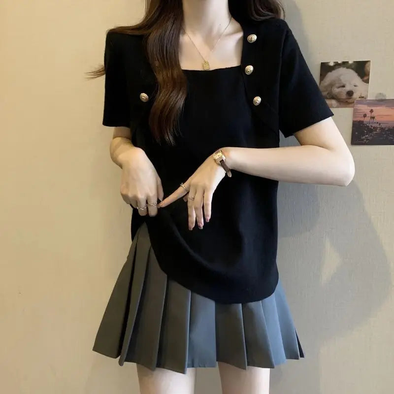 Women Plus Size Square Neck Ice Silk Irregular Hem Short Sleeve T Shirt Loose Slimming Casual Summer Top