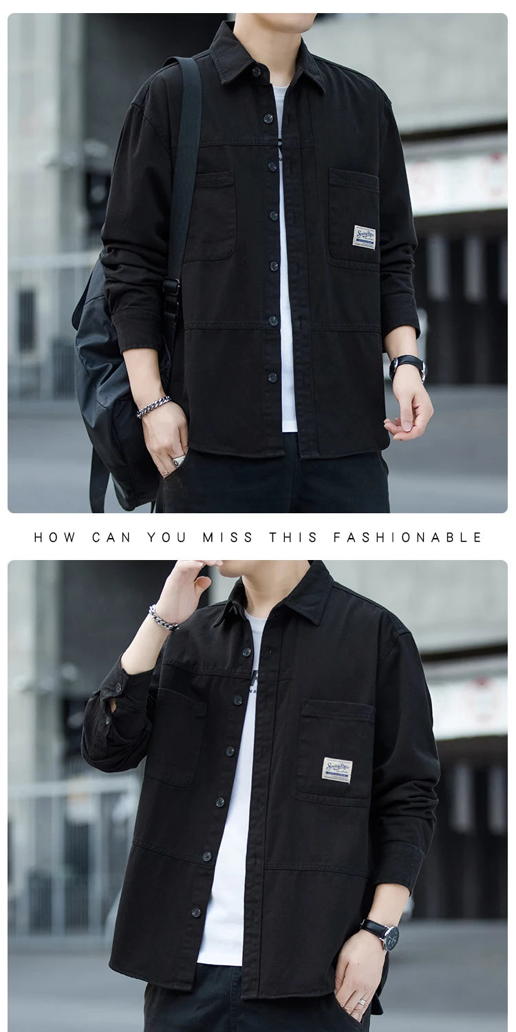 Men's Pure Cotton Long Sleeve Shirt Vintage Workwear Simple Style Autumn Winter New Arrival Casual Versatile Top Youth Fashion