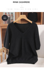Women's 100% pure mink cashmere V-neck sweater T-shirt solid color knitted fashionable versatile short sleeved pullover sweater