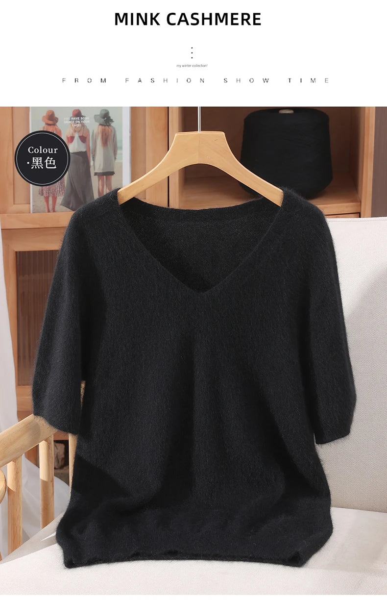 Women's 100% pure mink cashmere V-neck sweater T-shirt solid color knitted fashionable versatile short sleeved pullover sweater
