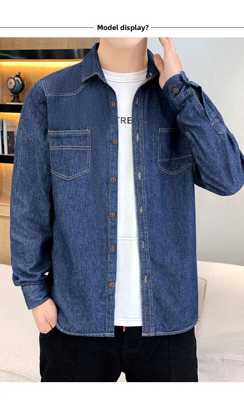 New Men's Denim Shirt Pure Cotton Washed Fashion Top Youth Style Japanese Design Autumn Collection Slim Fit Long Sleeve Casua...