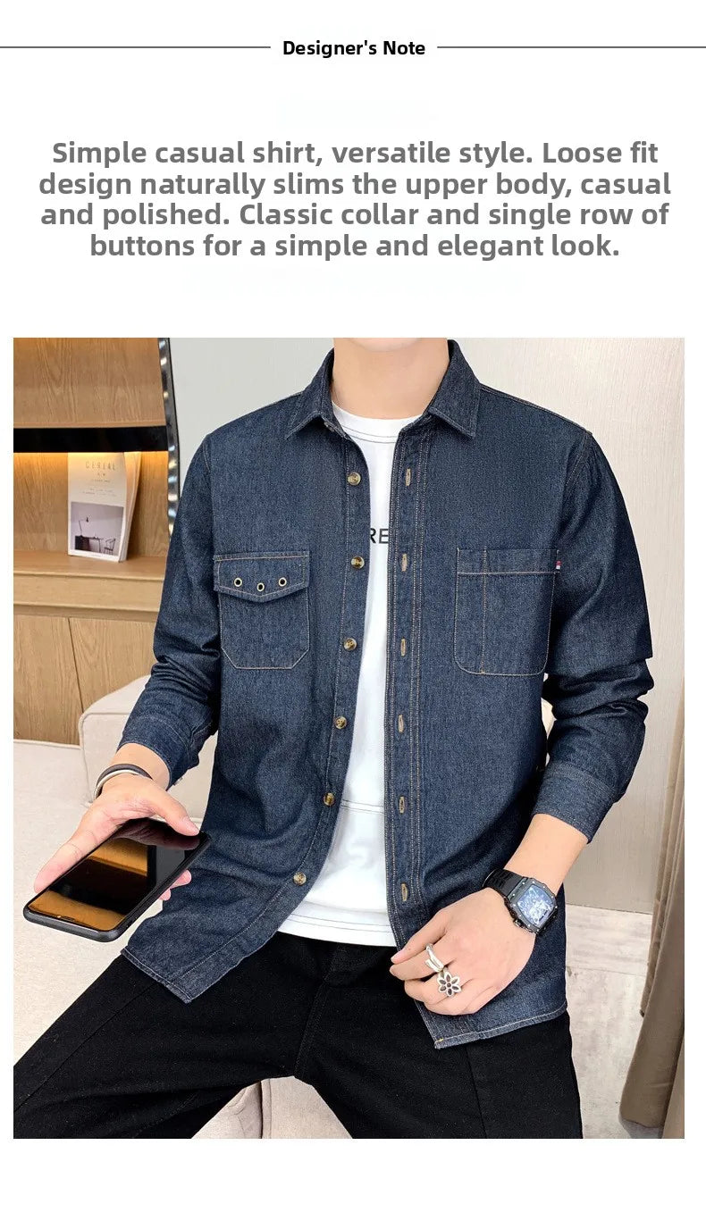 New Men's Denim Shirt Pure Cotton Washed Fashion Top Youth Style Japanese Design Autumn Collection Slim Fit Long Sleeve Casua...