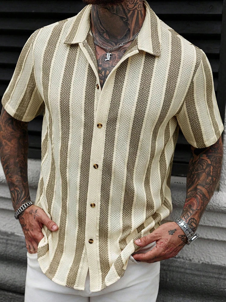 Vacation Casual Mens Knitted Shirts Short Sleeve Button-up Lapel Knit Shirt 2026 Spring Summer Stylish Patchwork Striped Shirts