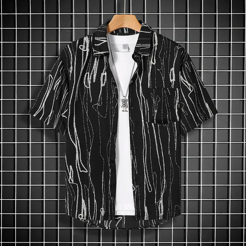 Stay Cool in Style with Our Black Patterned Short Sleeve Men's Shirt