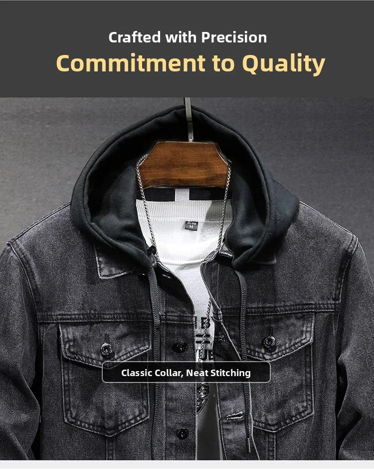 Casual Men's Denim Jacket Spring Autumn American Simple Trendy Hoodie Detachable Breathable Wear Resistant Windproof Sweat AB...