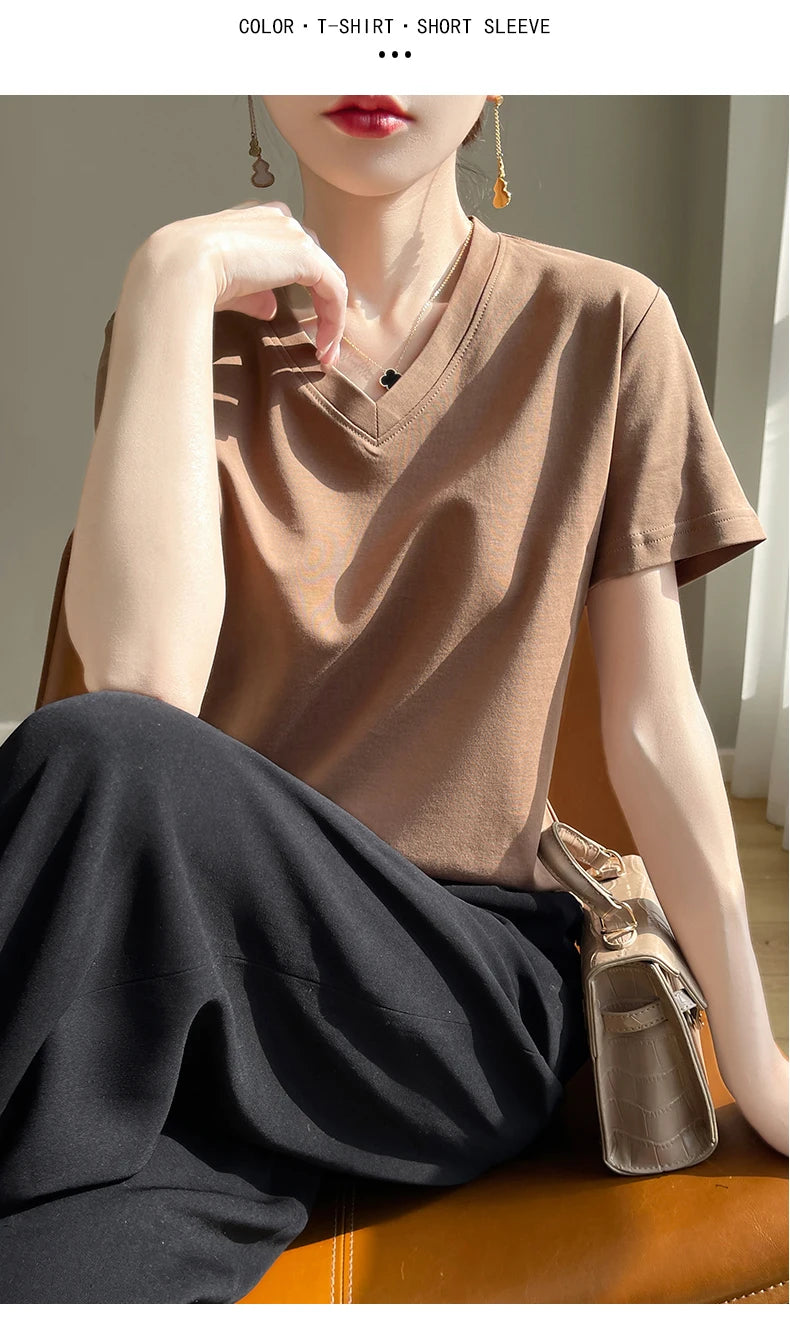 Summer V-neck 100% Cotton Short-Sleeved T-Shirt Women's Loose Mercerized Cotton Half-Sleeve Bottoming Shirt White High-end Top