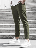 Men's Solid Color Casual Pants with Drawstring Waist Regular Fit Comfy Trousers with Pockets for Spring And Fall