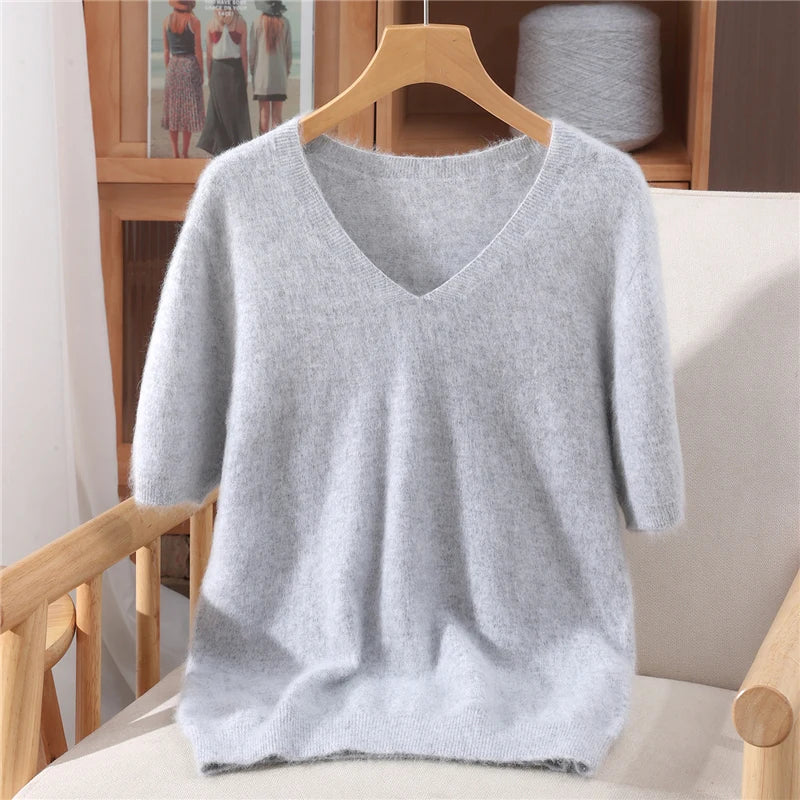 Women's 100% pure mink cashmere V-neck sweater T-shirt solid color knitted fashionable versatile short sleeved pullover sweater