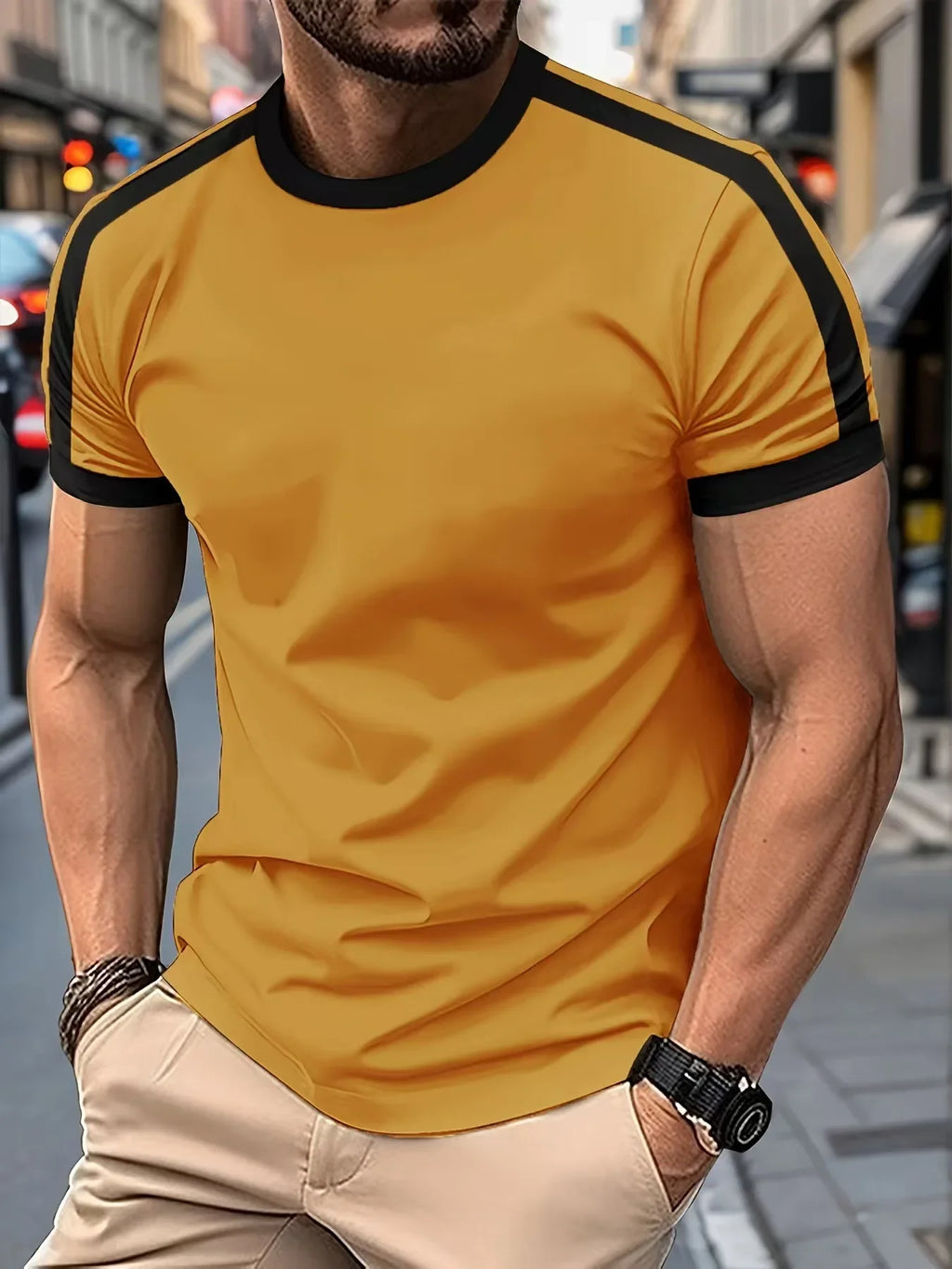 Men's Casual Short-Sleeved European and American Sports Fitness Contrasting Color Men's T-Shirt