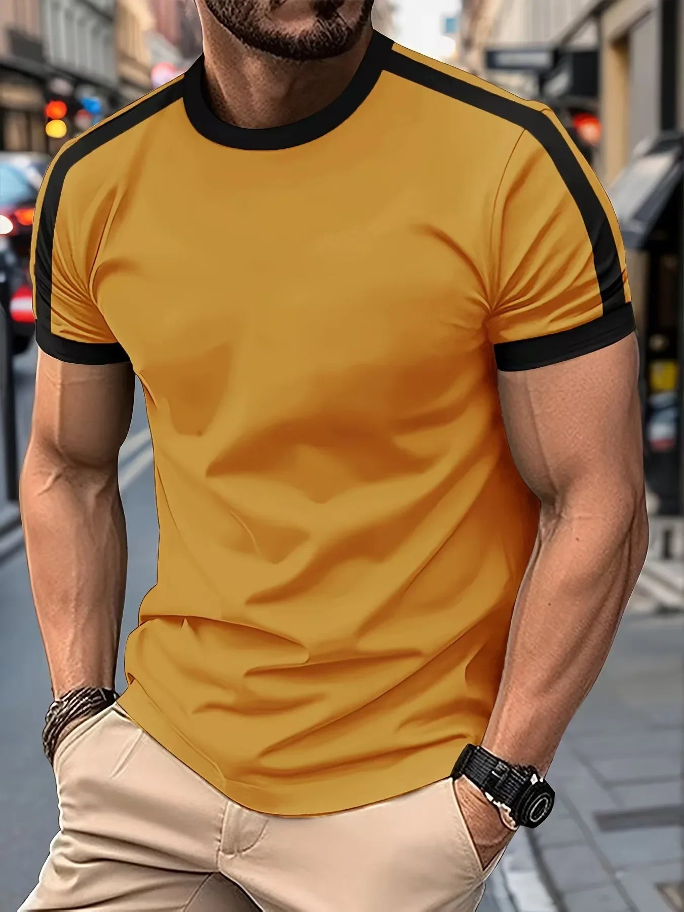 Men's Casual Short-Sleeved European and American Sports Fitness Contrasting Color Men's T-Shirt