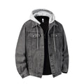 Autumn Winter Hooded Denim Jackets Men Casual Streetwear Outerwear Solid Color Loose Couple Denim Coats Hat Detachable Jacket