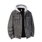 Autumn Winter Hooded Denim Jackets Men Casual Streetwear Outerwear Solid Color Loose Couple Denim Coats Hat Detachable Jacket