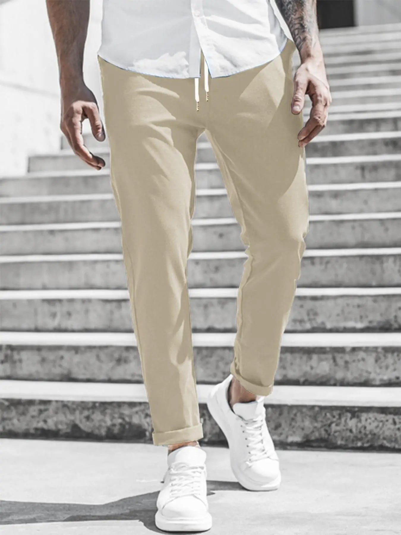 Men's Solid Color Casual Pants with Drawstring Waist Regular Fit Comfy Trousers with Pockets for Spring And Fall