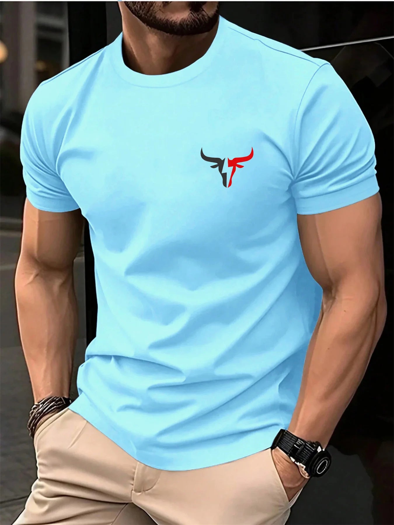Summer men's 100 cotton casual loose plus size bull pattern printed sports comfortable round neck short sleeved T-shirt top