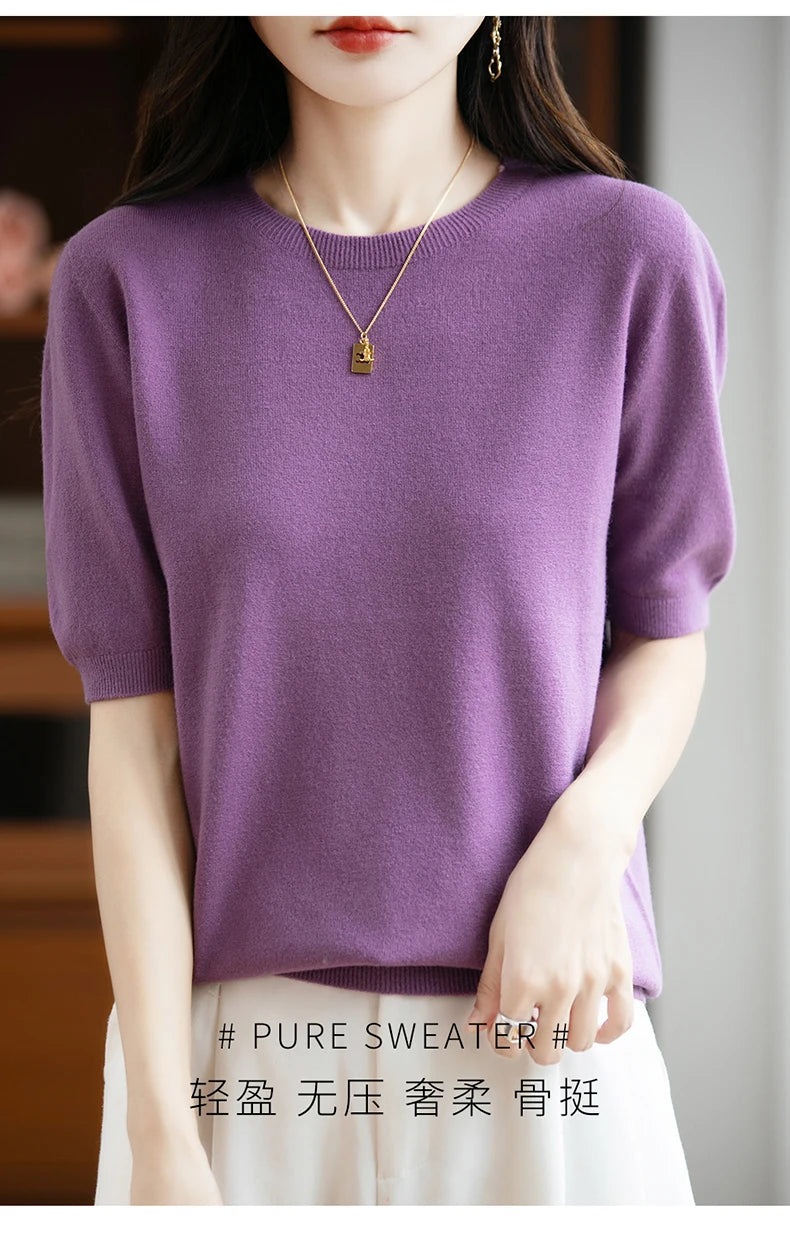 Fall/winter women's O-neck basic warm casual pullover fashion short sleeve 100% wool 22-color knitted sweater.