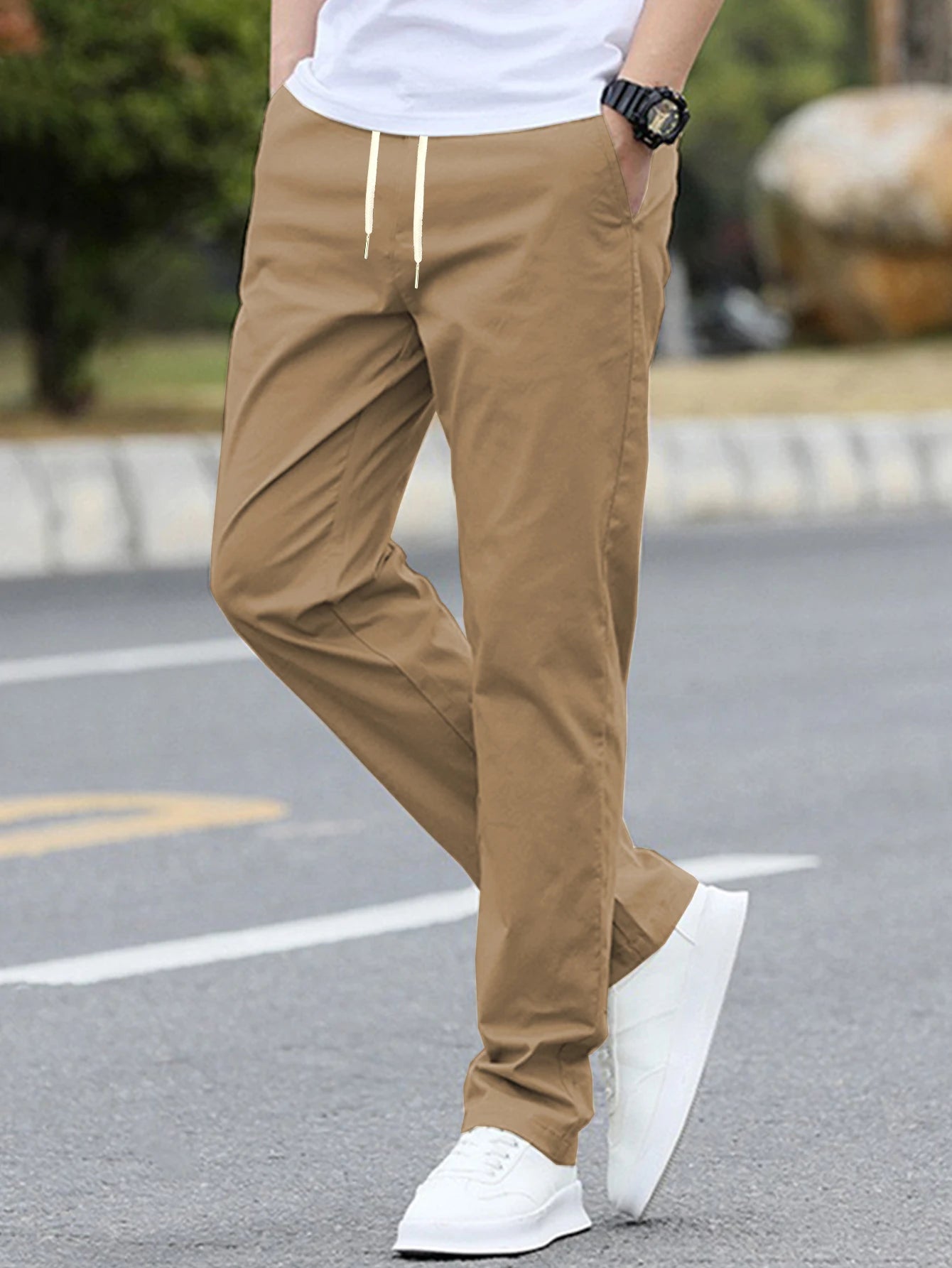 Men's Solid Color Casual Fashion Trousers with Drawstring Waist Regular Fit Pocket Trousers