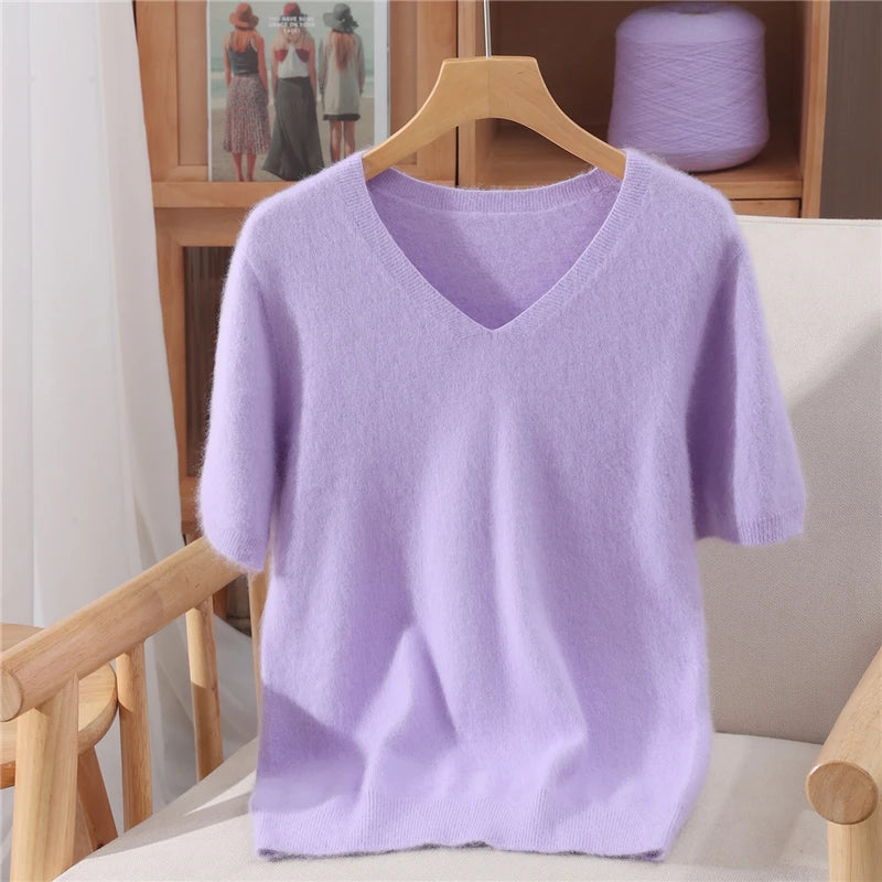 Women's 100% pure mink cashmere V-neck sweater T-shirt solid color knitted fashionable versatile short sleeved pullover sweater