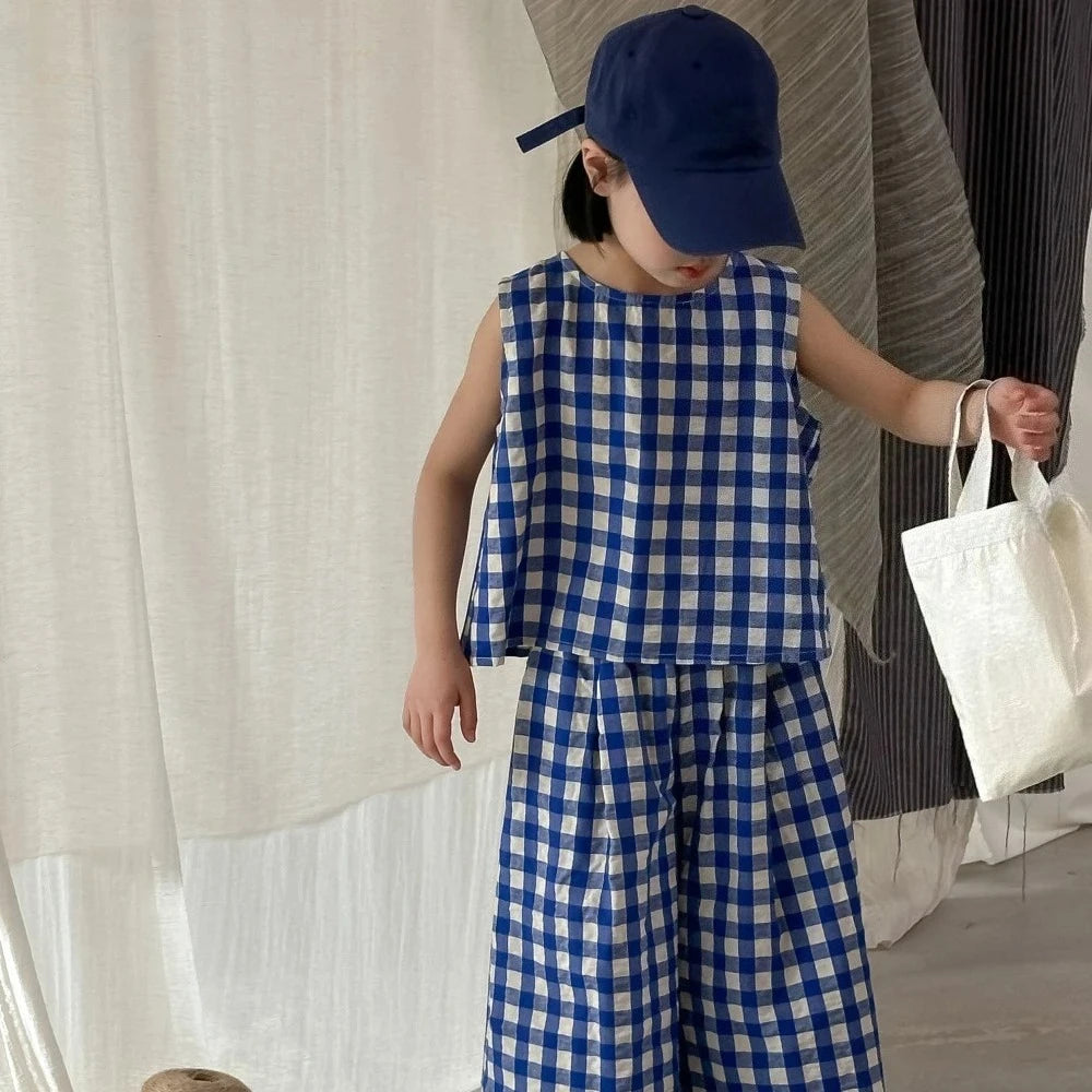 Summer Kids Casual Cute Checkered Print Outfit Sleeveless Tank Top + Loose Pant 2 Pcs Set 2- 7 Years Girls Fashion Clothes