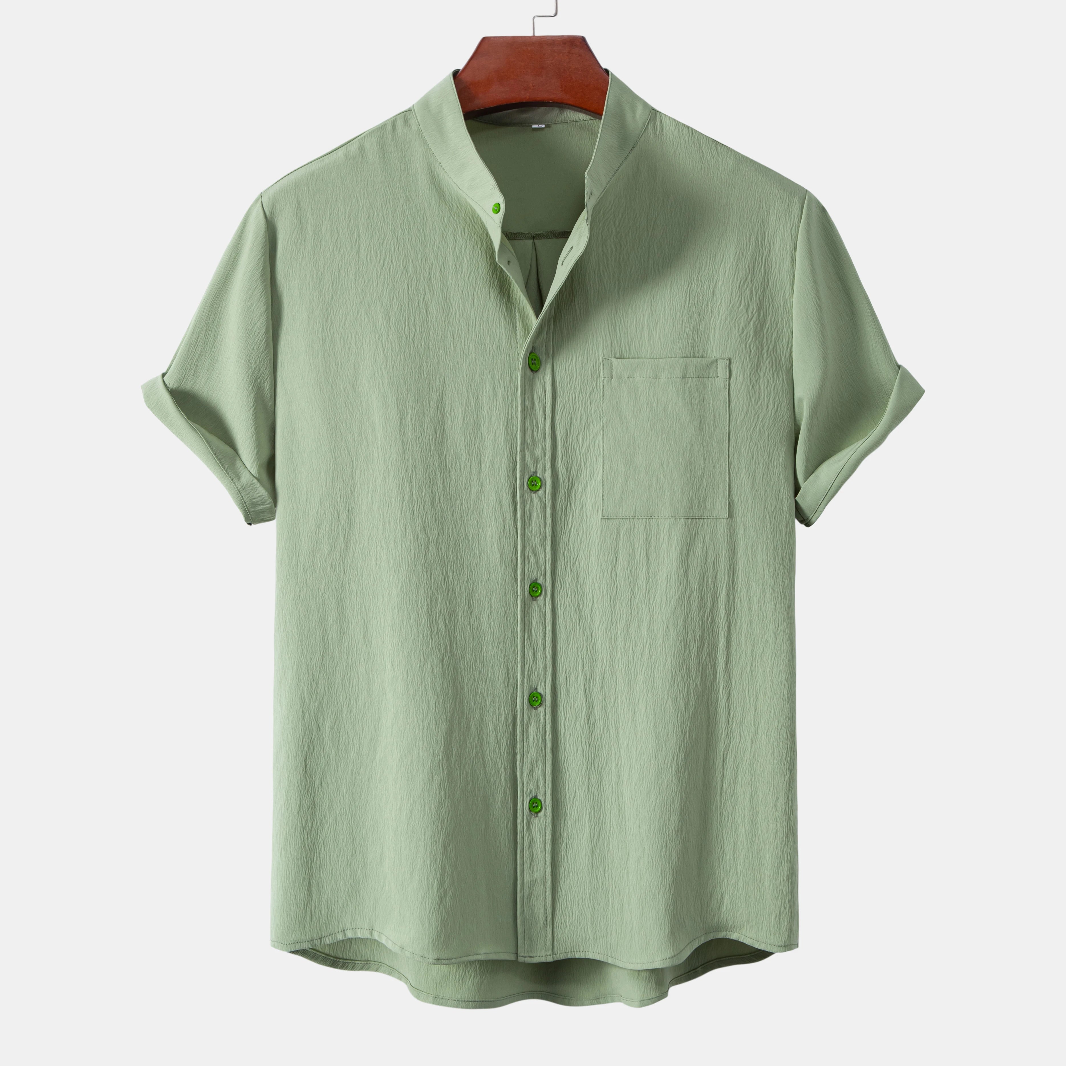 2026New men's short sleeved solid color standing collar cardigan casual shirt for foreign trade