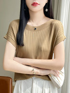 Summer Thin Ice Silk Knitted Loose T-Shirt Women's Short Sleeve Versatile Top Breathable Cool Feeling Pure Color Basic Fit