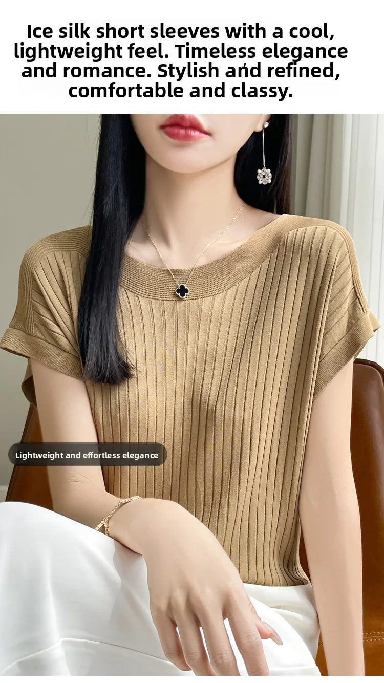 Summer Thin Ice Silk Knitted Loose T-Shirt Women's Short Sleeve Versatile Top Breathable Cool Feeling Pure Color Basic Fit