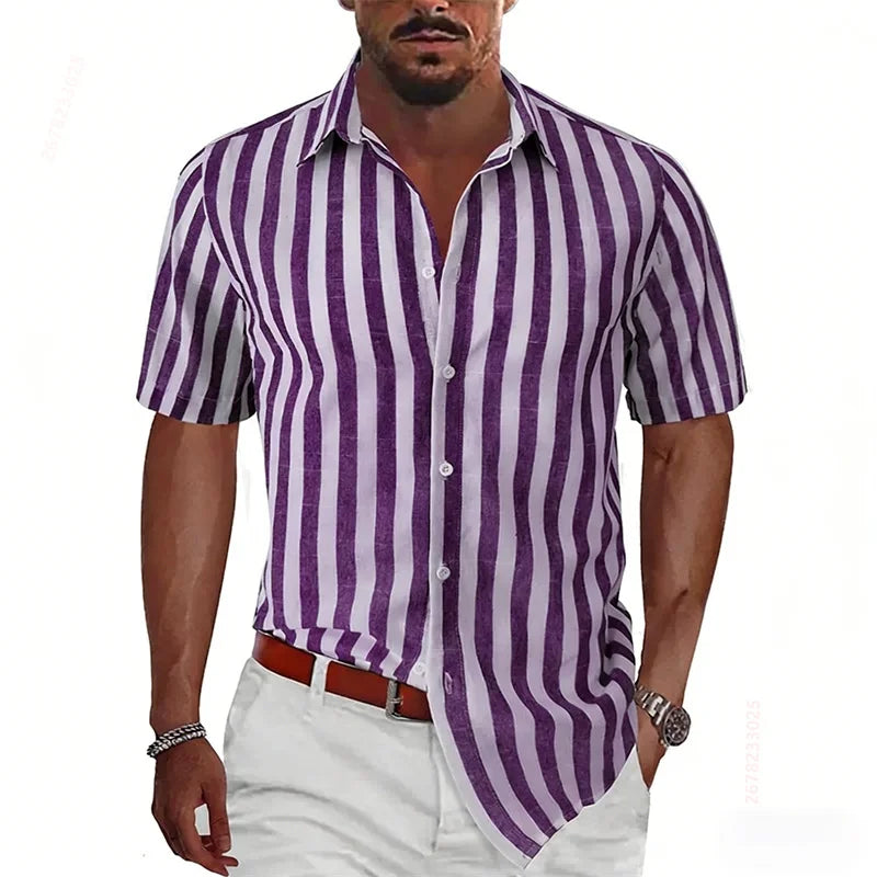 2026 Summer New Men's Striped Short-Sleeve Shirt, Multiple Colors Available, Outdoor Streetwear Casual Fashion Men's Top, XS-6XL