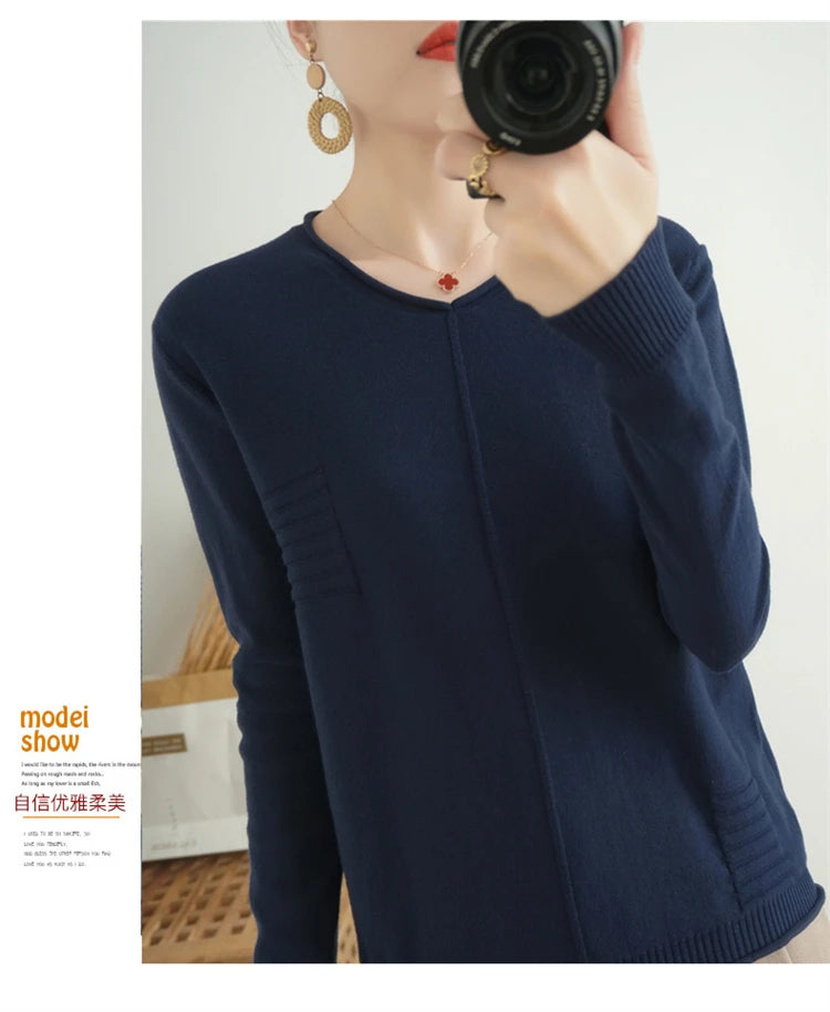 2023 Autumn/Winter Women's New Pullover Casual Solid 100% Cotton Knitted V-Neck Loose Sweater Fashion Soft Breathable Top