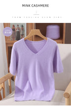Women's 100% pure mink cashmere V-neck sweater T-shirt solid color knitted fashionable versatile short sleeved pullover sweater