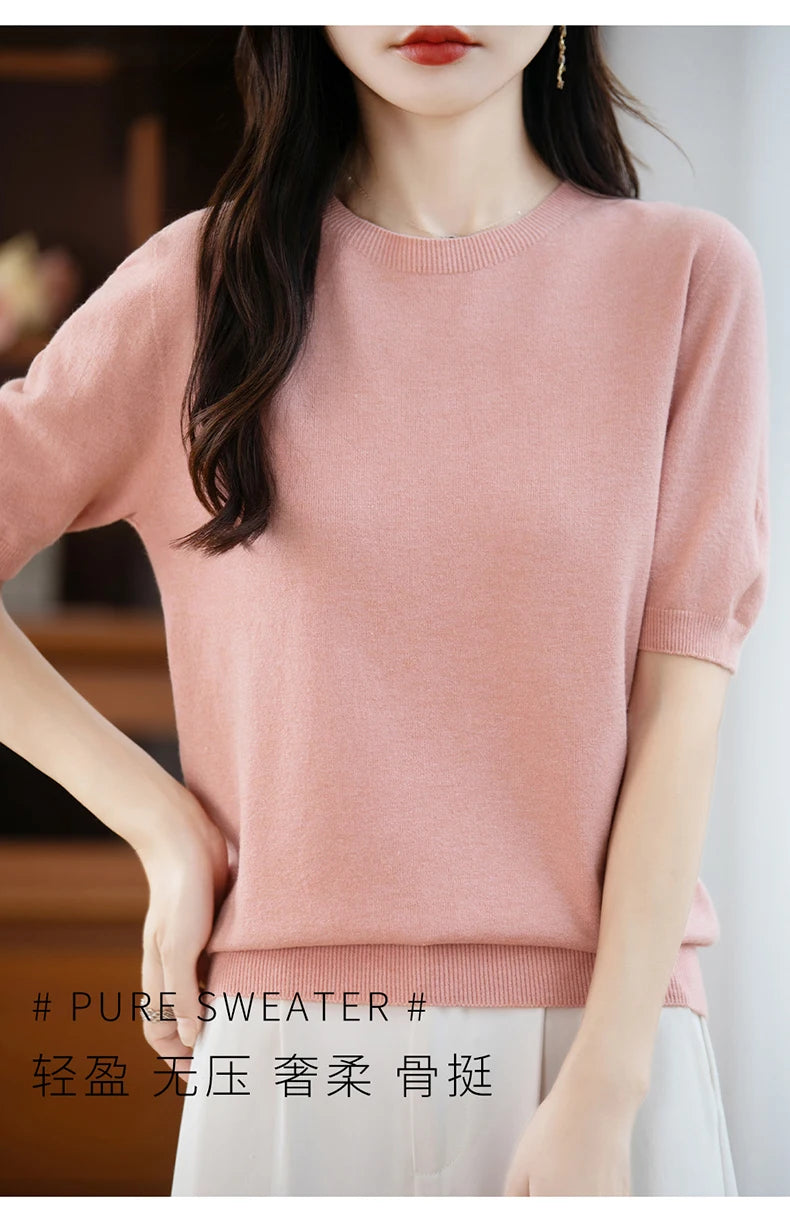Fall/winter women's O-neck basic warm casual pullover fashion short sleeve 100% wool 22-color knitted sweater.