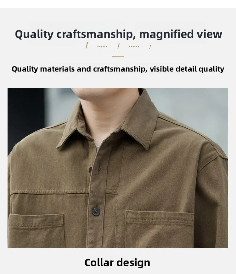 Men's Pure Cotton Long Sleeve Shirt Vintage Workwear Simple Style Autumn Winter New Arrival Casual Versatile Top Youth Fashion