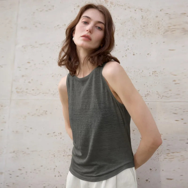 100% Hemp Knitted Thin Tank Top For Women Solid Color Summer Round Neck Sleeveless New Breathable Tops White Tops