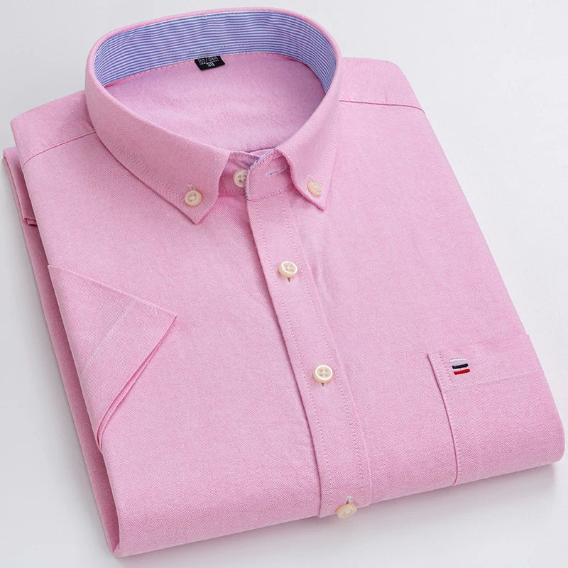 Men's Oxford Short Sleeve Square Collar Soild Plaid Striped Summer Casual Shirts Single Pocket Comfortable Cotton Shirt