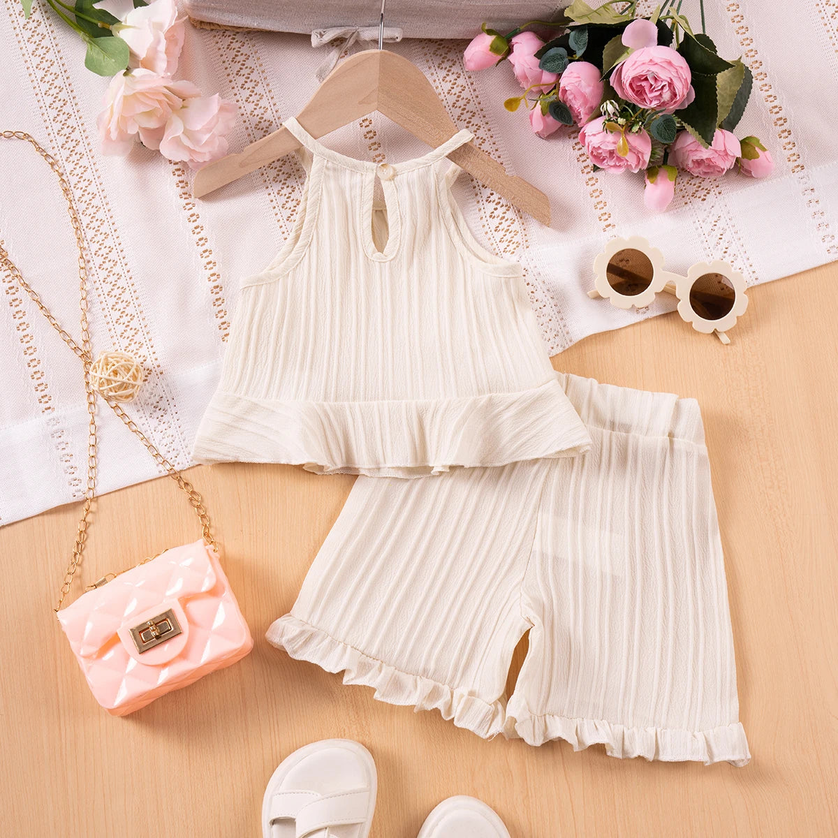 2025 New Girls' Summer Fashion Sets Sleeveless Ruffle Tank Top & Shorts Solid Color Two-Piece Outfit for Toddler Girls