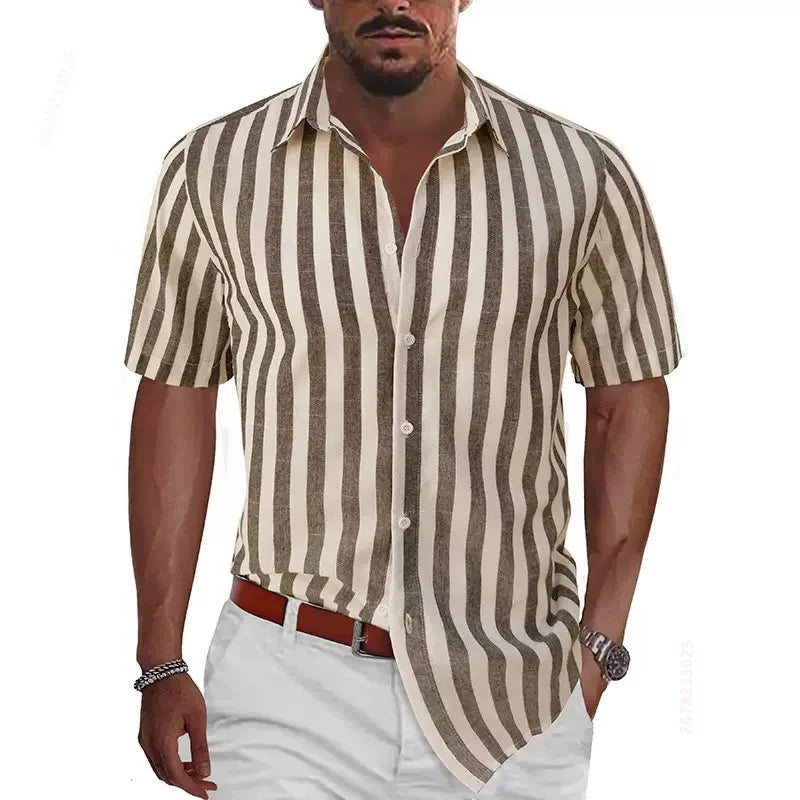 2026 Summer New Men's Striped Short-Sleeve Shirt, Multiple Colors Available, Outdoor Streetwear Casual Fashion Men's Top, XS-6XL