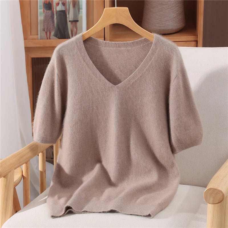 Women's 100% pure mink cashmere V-neck sweater T-shirt solid color knitted fashionable versatile short sleeved pullover sweater