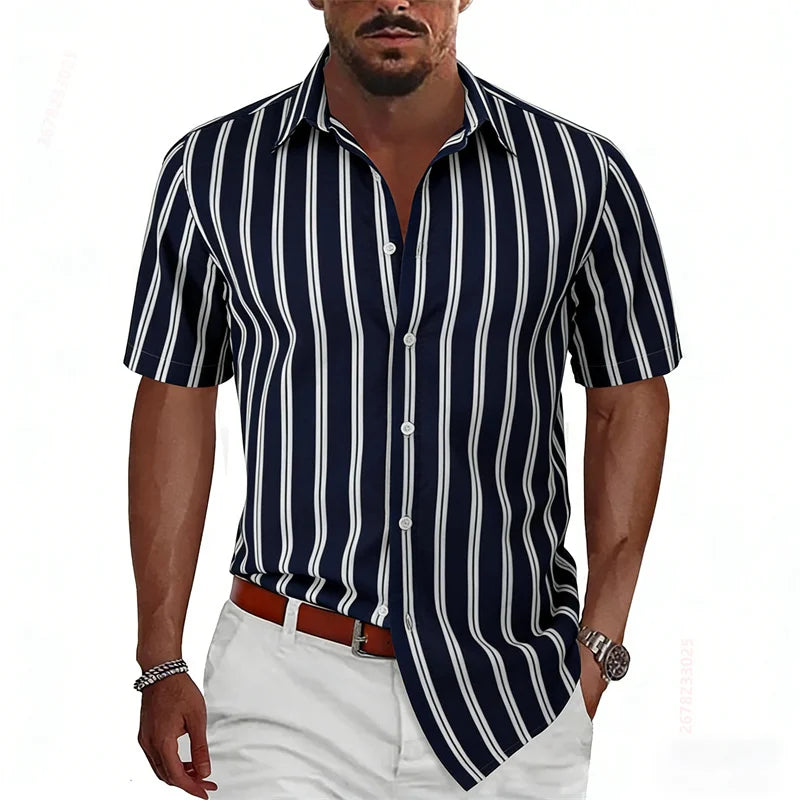 2026 Summer New Men's Striped Short-Sleeve Shirt, Multiple Colors Available, Outdoor Streetwear Casual Fashion Men's Top, XS-6XL