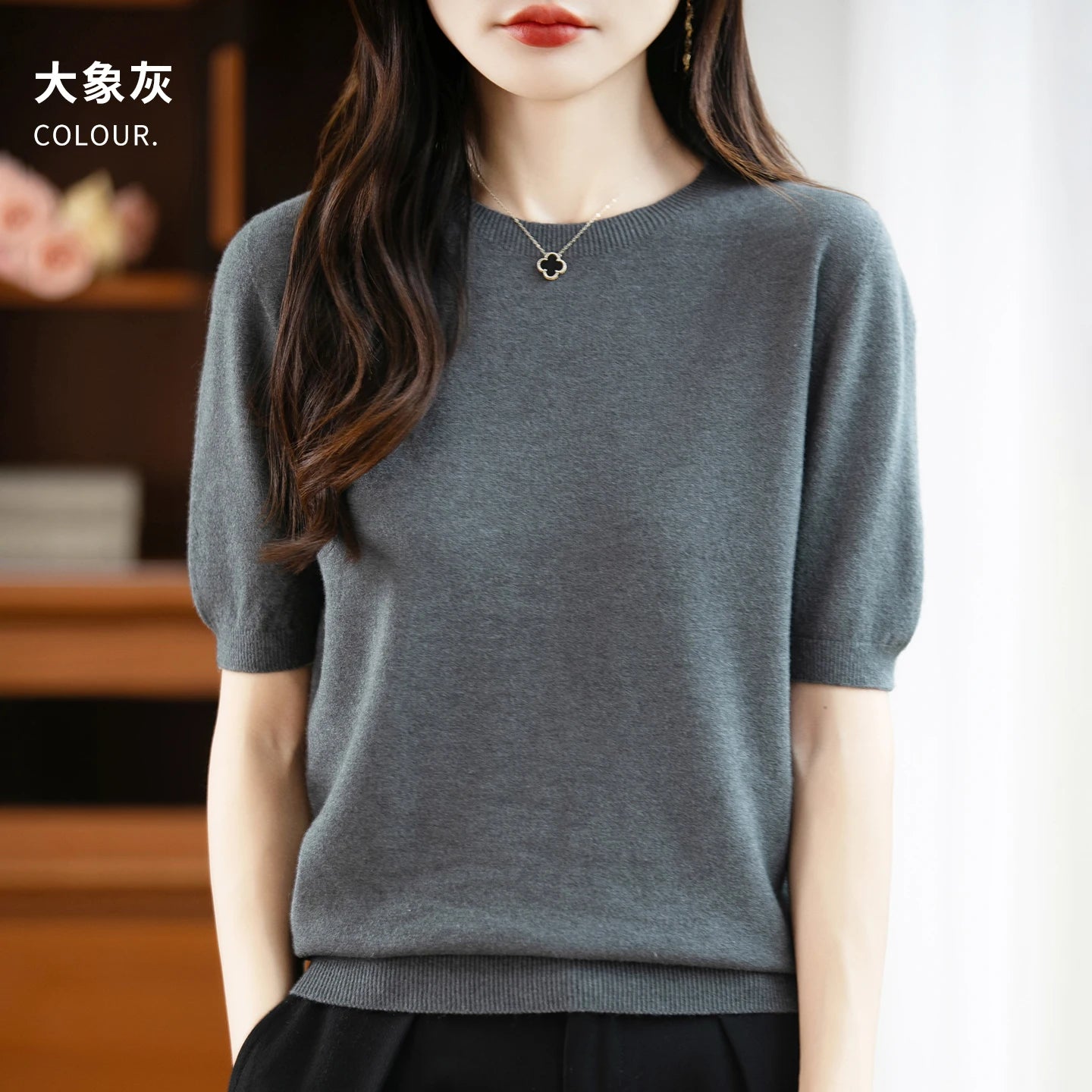 Fall/winter women's O-neck basic warm casual pullover fashion short sleeve 100% wool 22-color knitted sweater.