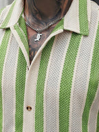 Vacation Casual Mens Knitted Shirts Short Sleeve Button-up Lapel Knit Shirt 2026 Spring Summer Stylish Patchwork Striped Shirts