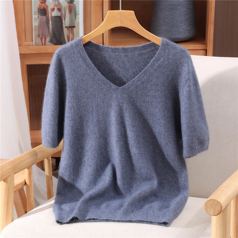 Women's 100% pure mink cashmere V-neck sweater T-shirt solid color knitted fashionable versatile short sleeved pullover sweater