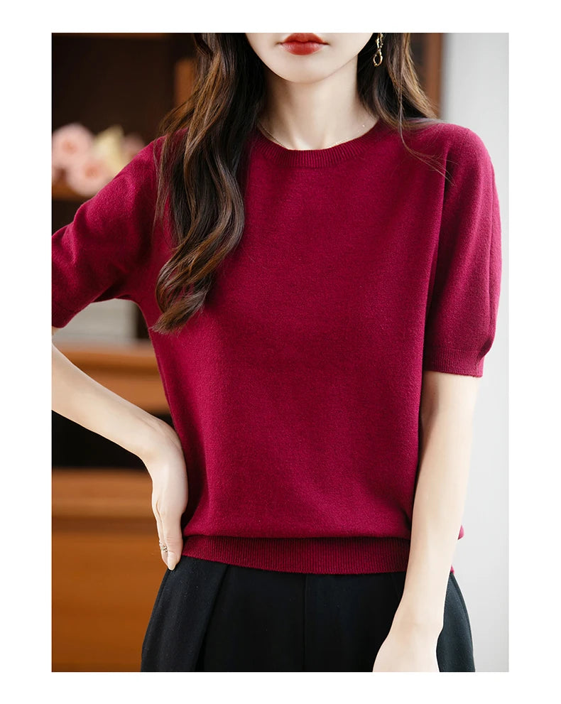 Fall/winter women's O-neck basic warm casual pullover fashion short sleeve 100% wool 22-color knitted sweater.