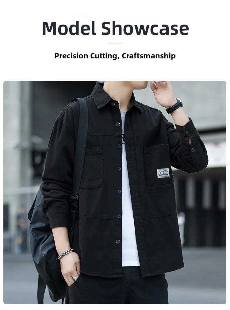 Men's Pure Cotton Long Sleeve Shirt Vintage Workwear Simple Style Autumn Winter New Arrival Casual Versatile Top Youth Fashion