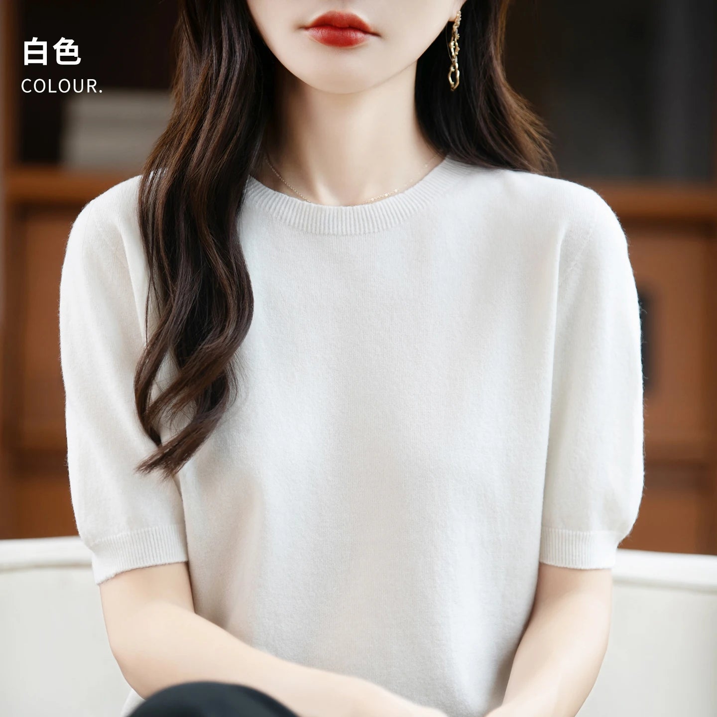 Fall/winter women's O-neck basic warm casual pullover fashion short sleeve 100% wool 22-color knitted sweater.
