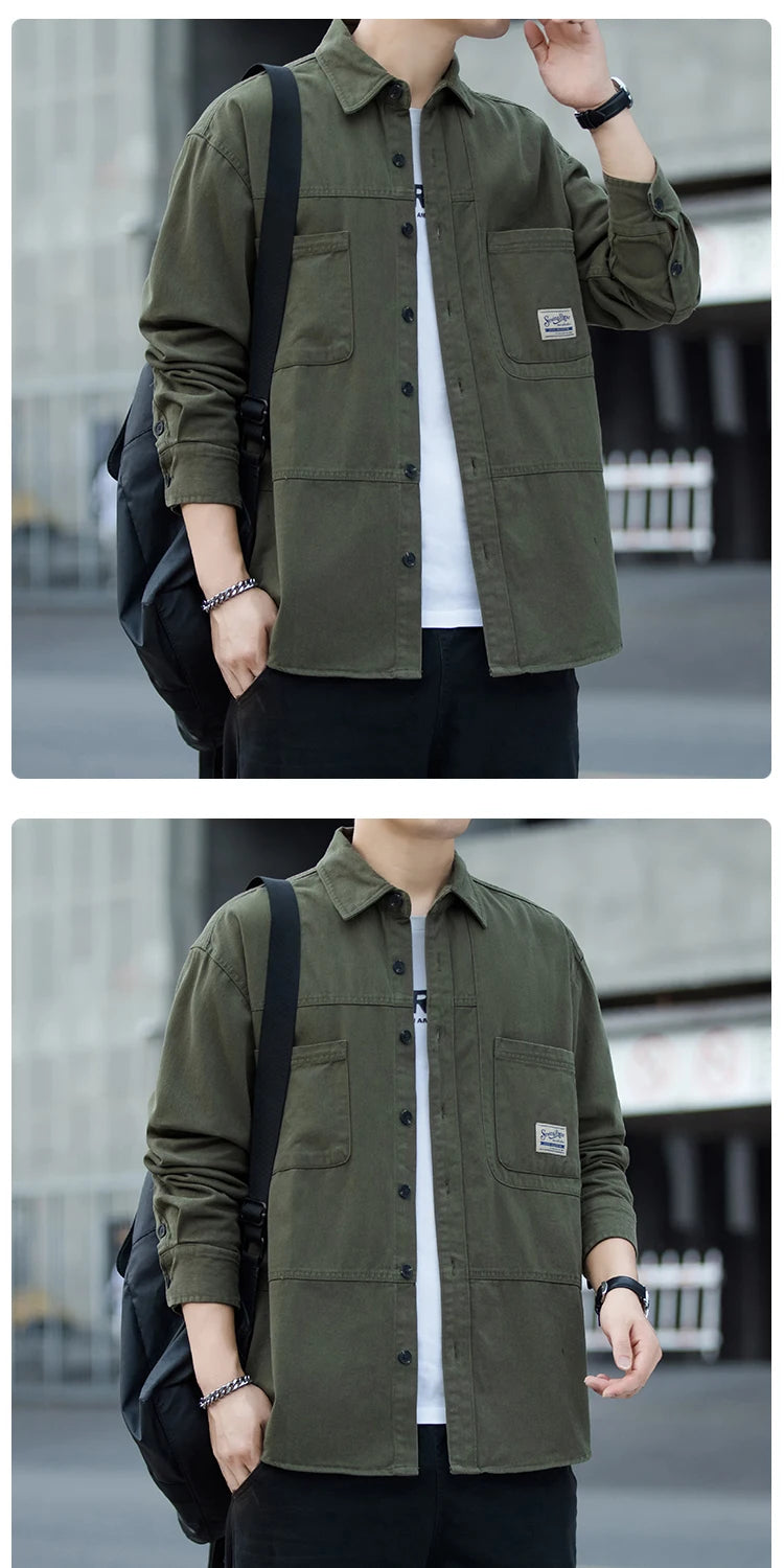Men's Pure Cotton Long Sleeve Shirt Vintage Workwear Simple Style Autumn Winter New Arrival Casual Versatile Top Youth Fashion