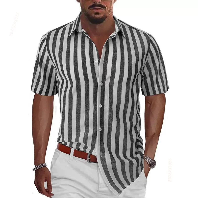2026 Summer New Men's Striped Short-Sleeve Shirt, Multiple Colors Available, Outdoor Streetwear Casual Fashion Men's Top, XS-6XL