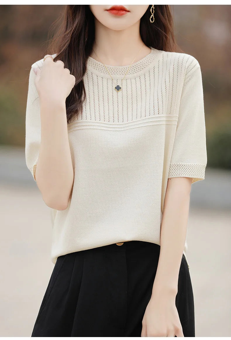 Women Sweater Short Sleeve Spring Summer O-neck Bottoming Shirts Casual Korean Knitted Pullovers Solid Loose Hollow Out Jumpers