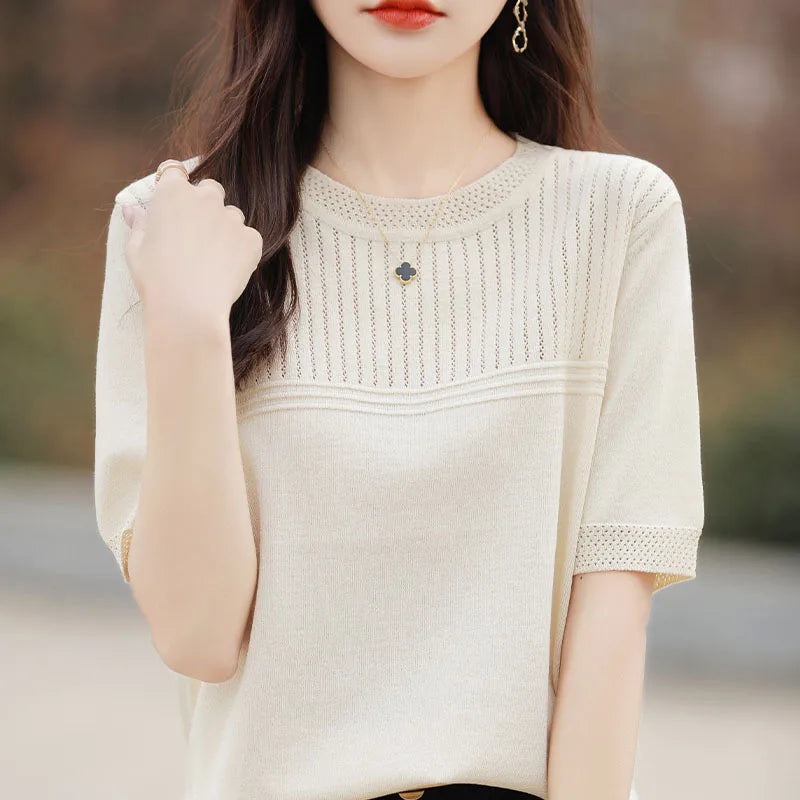 Women Sweater Short Sleeve Spring Summer O-neck Bottoming Shirts Casual Korean Knitted Pullovers Solid Loose Hollow Out Jumpers