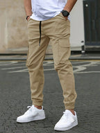 Men's Slim Fit Elastic Waist Cargo Pants Multi-Pockets Cuffed Hem Comfortable for Casual Outdoor Wear