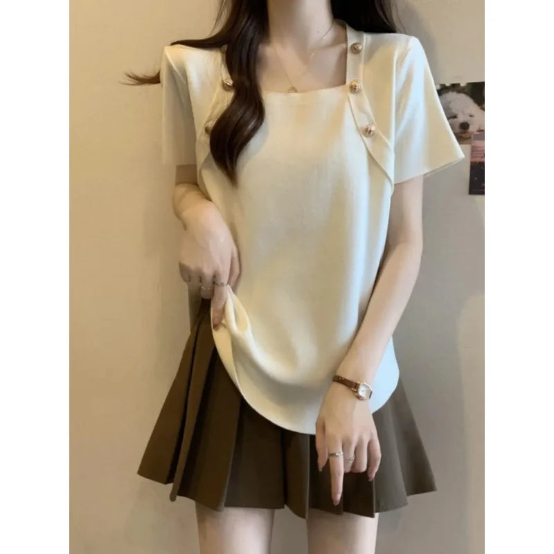 Women Plus Size Square Neck Ice Silk Irregular Hem Short Sleeve T Shirt Loose Slimming Casual Summer Top